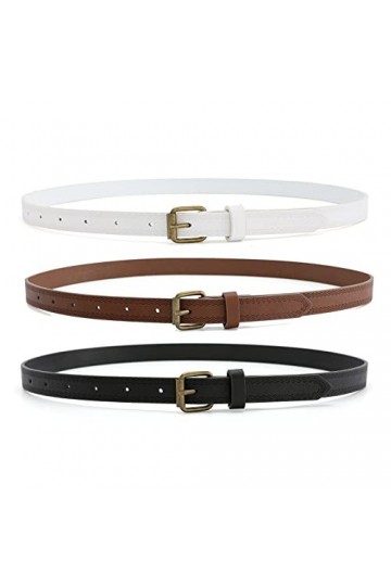 HOTWILL Lot de 3 ceintures fines en cuir pour femme avec boucle dorée, Boucle ardillon noir + marron + blanc , 29/32W