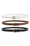 HOTWILL Lot de 3 ceintures fines en cuir pour femme avec boucle dorée, Boucle ardillon noir + marron + blanc , 29/32W
