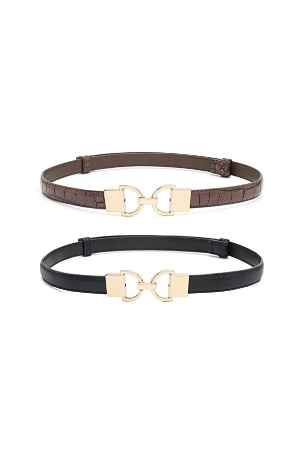 HOTWILL Ceintures fines pour femme avec boucle dorée réglable 2 cm de largeur, Noir et marron, S/taille 27/30"