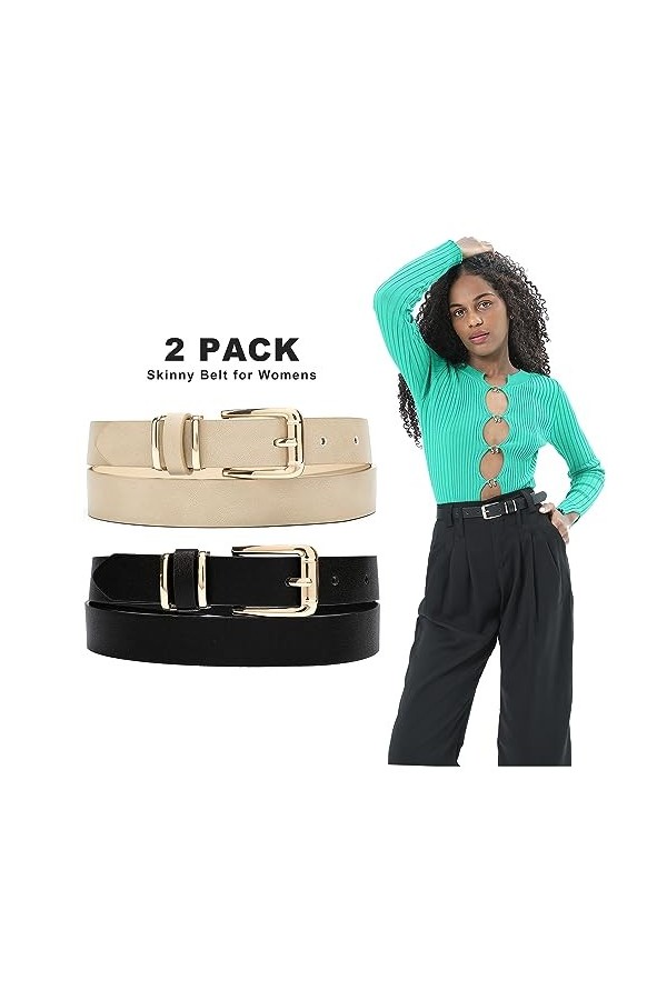 Earnda Lot de 2 ceintures fines en cuir synthétique avec boucle ardillon pour femme - beige - XS/taille 23/27"