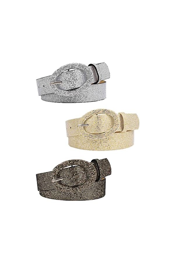 Urieo Lot de 3 ceintures en cuir avec strass dorés pour femme, Gris, doré, taille normale
