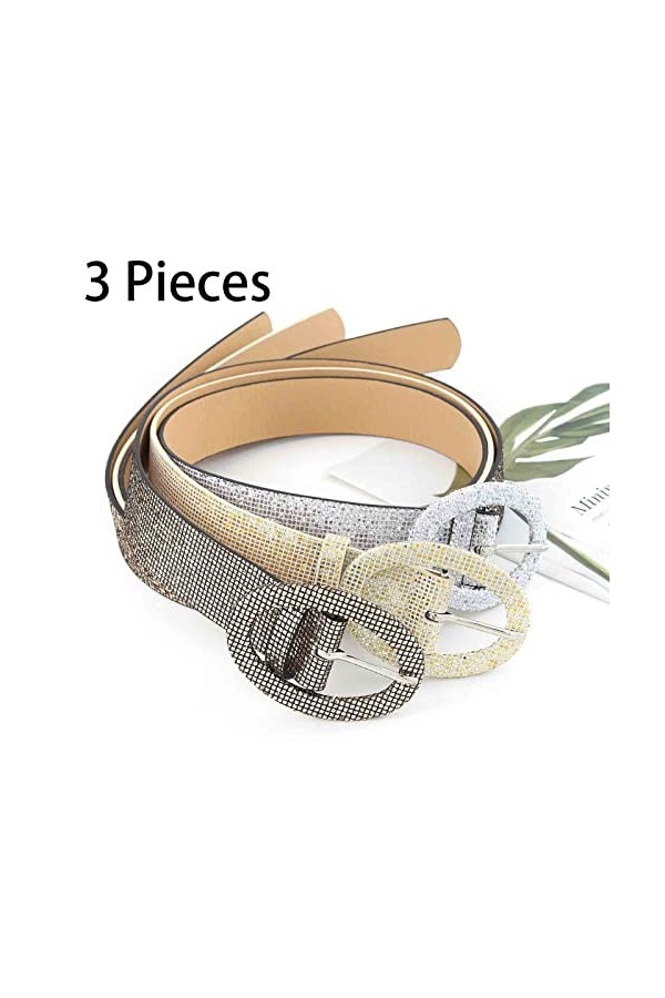 Urieo Lot de 3 ceintures en cuir avec strass dorés pour femme, Gris, doré, taille normale