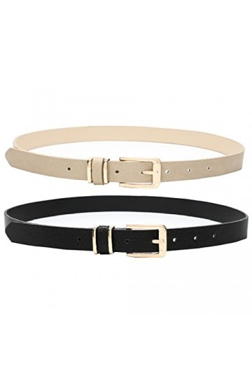 Earnda Lot de 2 ceintures fines en cuir synthétique avec boucle ardillon pour femme - beige - taille 26/30"/S