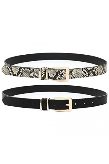 Earnda Lot de 2 ceintures fines en cuir synthétique avec boucle ardillon pour femme - noir - XS/taille 23/27"