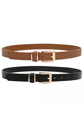 Earnda Lot de 2 ceintures fines en cuir synthétique avec boucle ardillon pour femme - noir - taille 26/30"/S