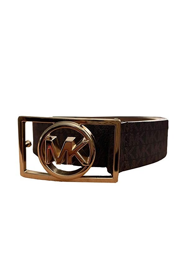 Michael Kors Womens Rectangular MK Logo Gold Tone Buckle Belt, Brown, X-Large