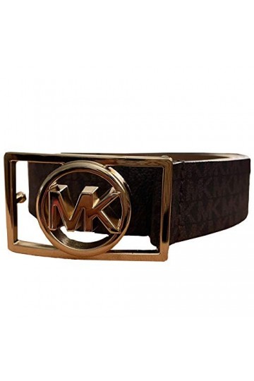 Michael Kors Womens Rectangular MK Logo Gold Tone Buckle Belt, Brown, X-Large