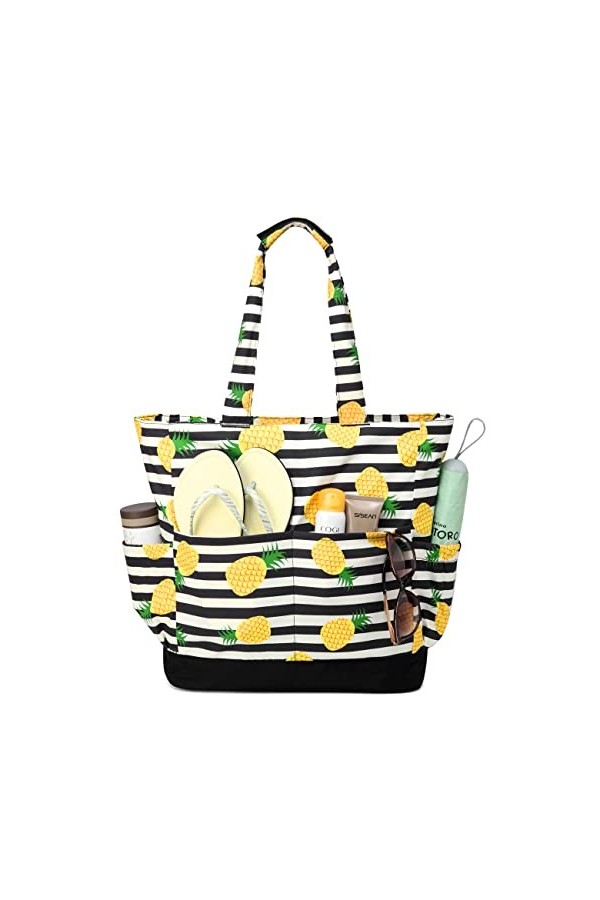 VASCHY Sac de Plage, Résistant à lEau Grand Cabas Femme Pliable Léger Sac à Bandoulière dÉté avec Fermeture à Glissière et 