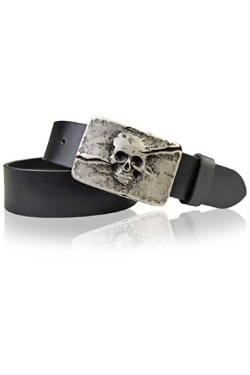 Fronhofer Ceinture en cuir véritable avec boucle tête de mort argentée, 1.57 pouce, 17614, Taille:Taille 125 cm, Couleur:Moka