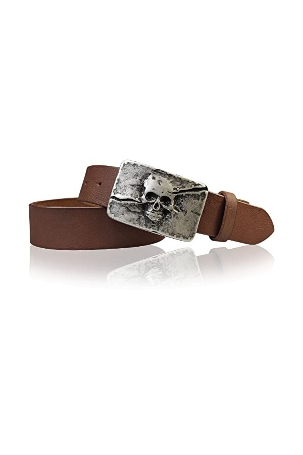 Fronhofer Ceinture en cuir véritable avec boucle tête de mort argentée, 1.57 pouce, 17614, Taille:Taille 125 cm, Couleur:Moka