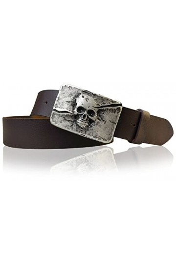 Fronhofer Ceinture en cuir véritable avec boucle tête de mort argentée, 1.57 pouce, 17614, Taille:Taille 125 cm, Couleur:Moka
