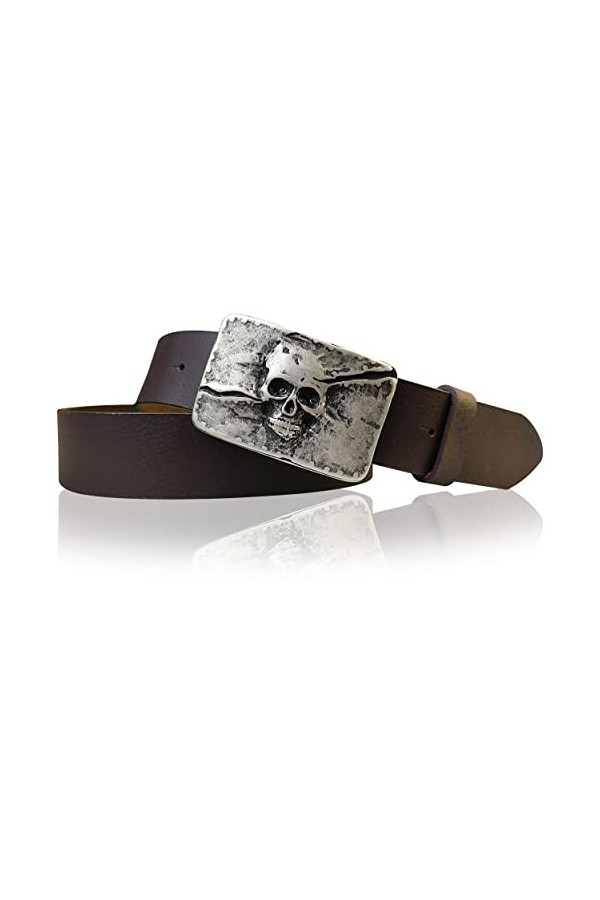 Fronhofer Ceinture en cuir véritable avec boucle tête de mort argentée, 1.57 pouce, 17614, Taille:Taille 125 cm, Couleur:Moka