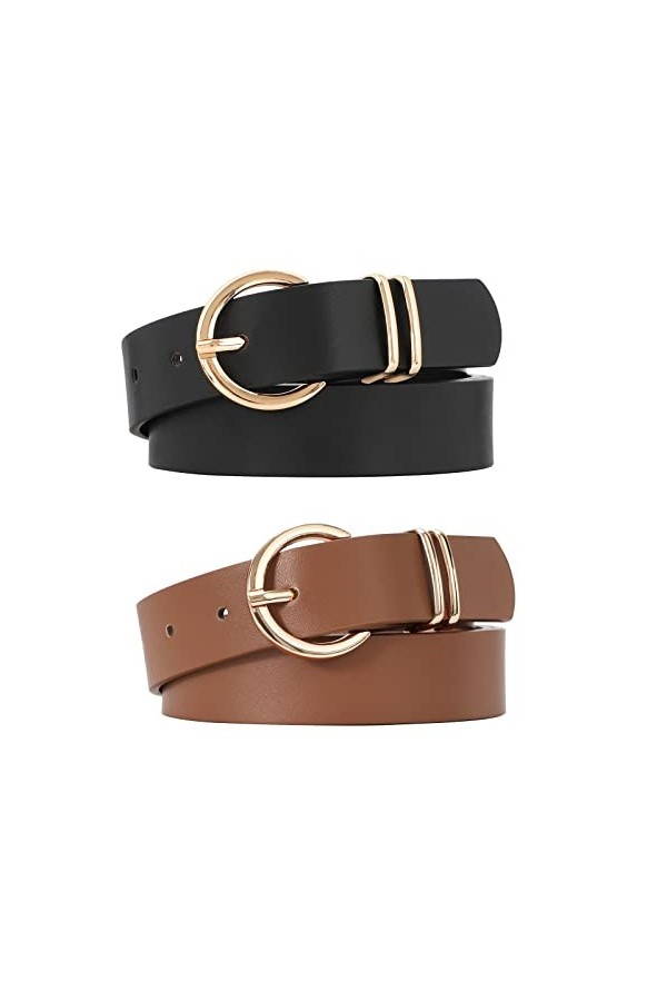 VONMELLI Lot de 2 ceintures en cuir pour femme avec boucle dorée, H-black+light coffee, M: Fit Waist Size 31-36 Inches