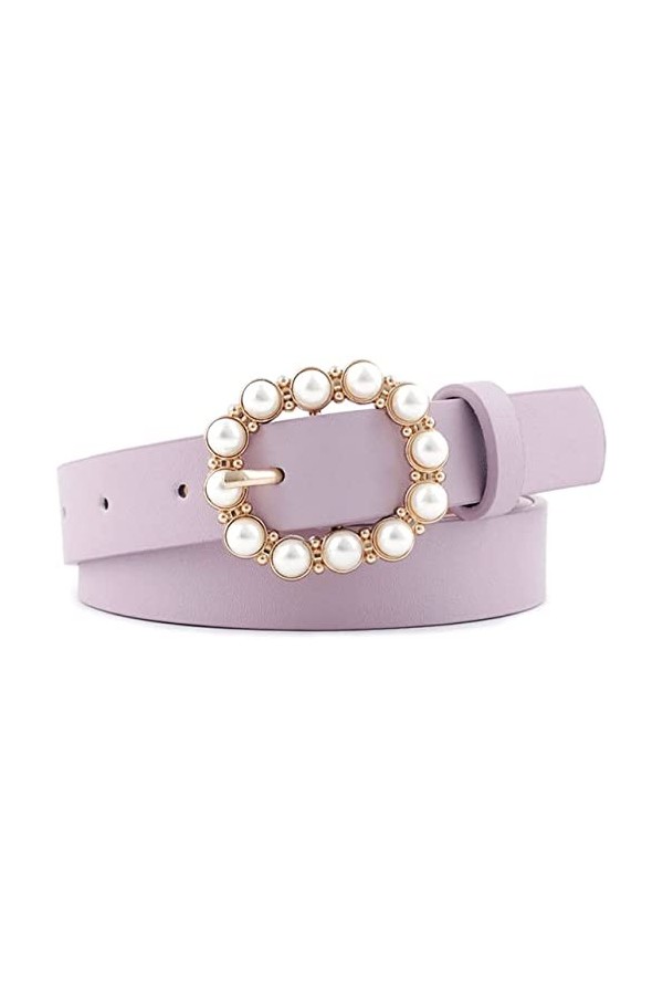 Ceinture Mode Femme Ceinture Perle Décorative Ronde Boucle Ardillon Perle Ceintures Femme Casual Ceinture Mince en Cuir Solid