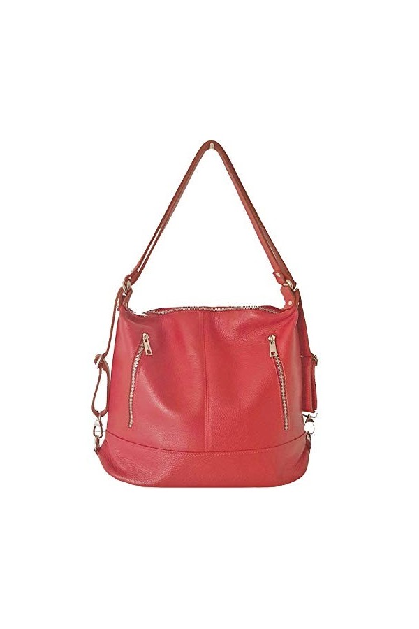 Bottega Carele Sac à bandoulière transformable en sac à dos en cuir véritable BC7170. Fabriqué en Italie, rouge, Large