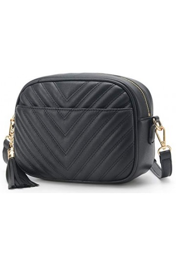 lola mae Sac à bandoulière matelassé, taille moyenne, léger, fermeture éclair sur le dessus, pampilles, Noir Lm706v, Medium