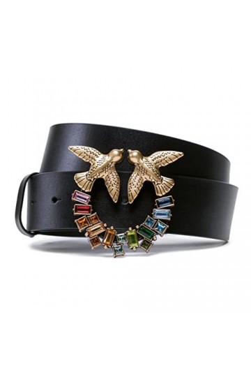 Pinko Love Berry Jewel Belt H4 Pelle Ceinture, Z99q_Noir-Antique Gold, XS Femme