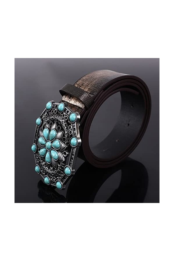 ZYXLB Ceinture Ethnique Bohème Décorative Jeans Ceinture Femme Bleu Ardoise Boucle Marron