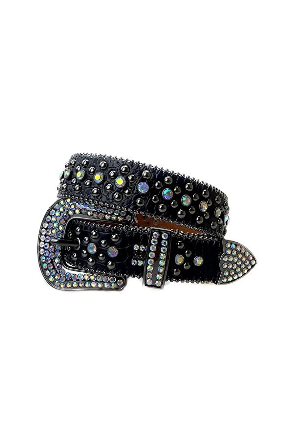 Punk Rock Ceinture Femme Lettre Strass Boucle Brillante Ceinture Garniture Cuir Vintage Ceinture Denim Homme,05,105cm